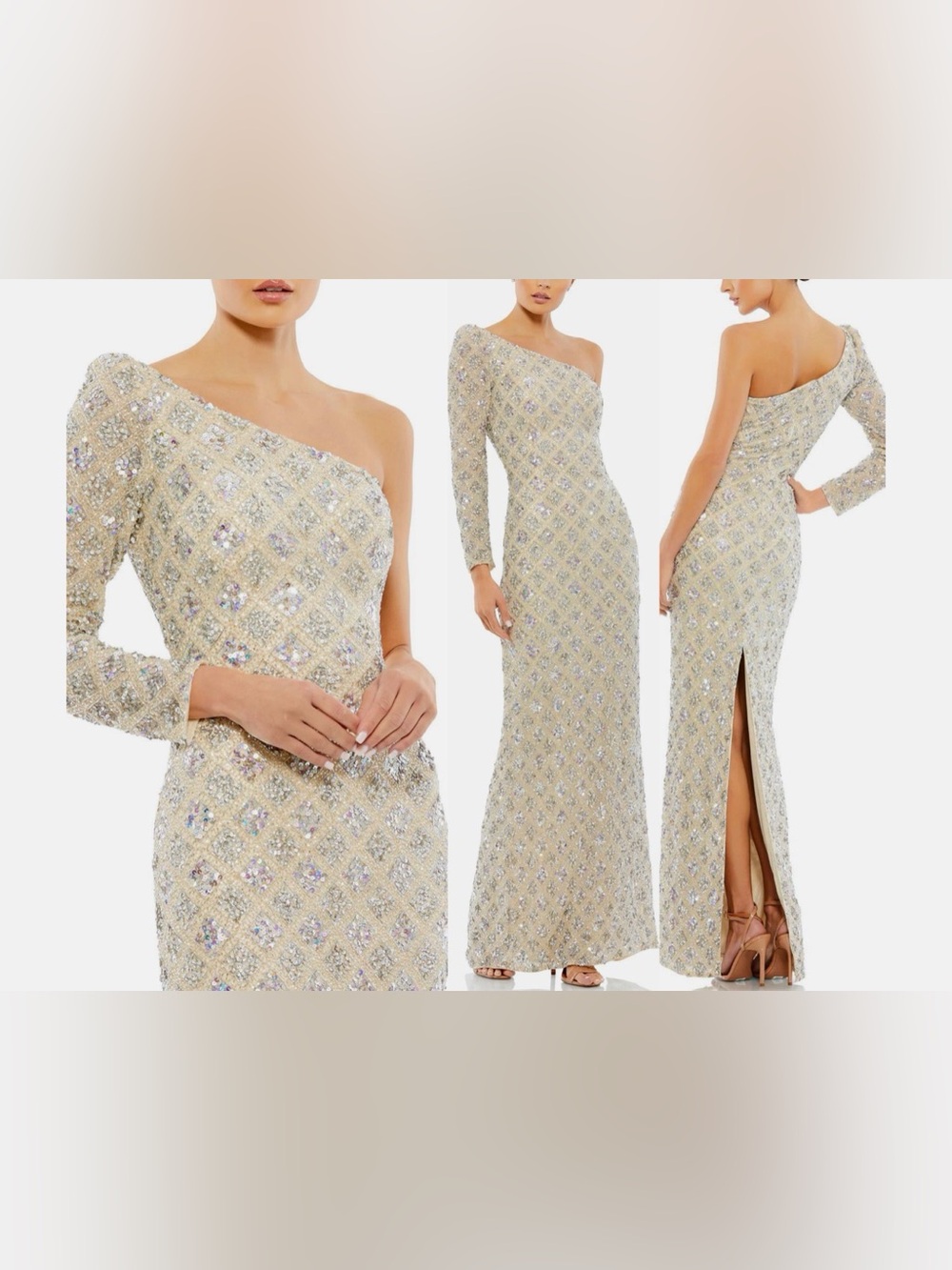NWT Mac Duggal A5479 Sequin Beaded One Shoulder‎ Gown Gold Silver Size 6